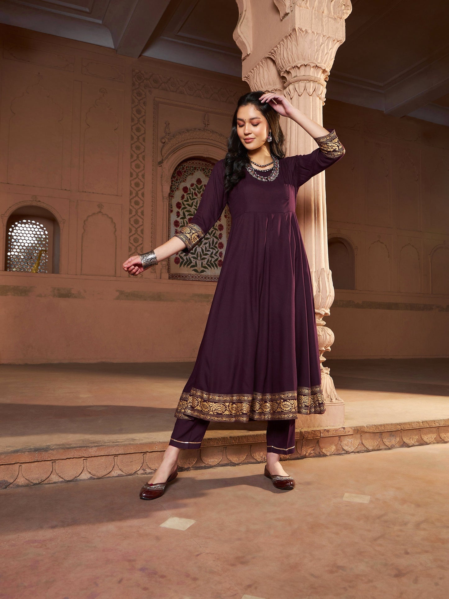 Women's Burgundy Floral Foil Border Anarkali Kurta With Pants
