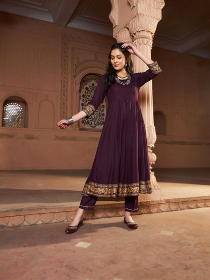 Women's Burgundy Floral Foil Border Anarkali Kurta With Pants