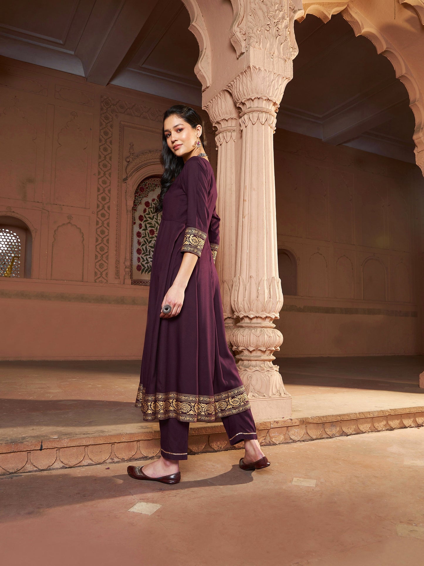 Women's Burgundy Floral Foil Border Anarkali Kurta With Pants