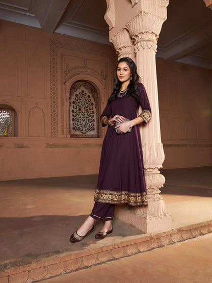 Women's Burgundy Floral Foil Border Anarkali Kurta With Pants