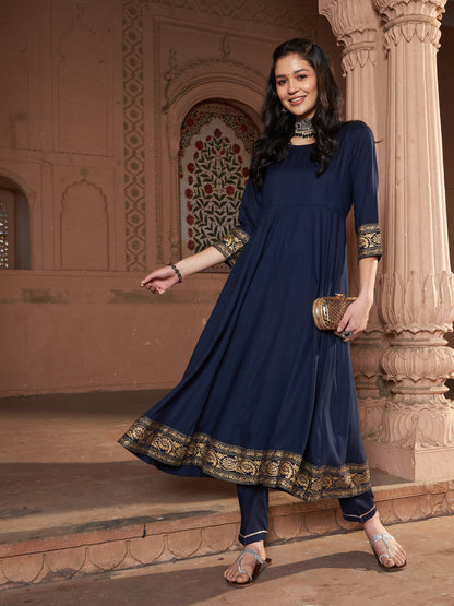 Women's Navy Floral Foil Border Anarkali Kurta With Pants