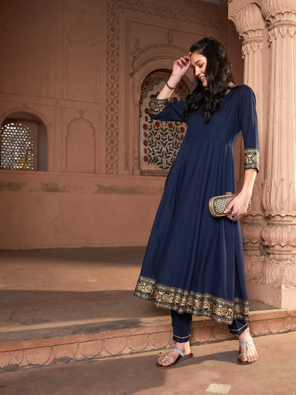 Women's Navy Floral Foil Border Anarkali Kurta With Pants