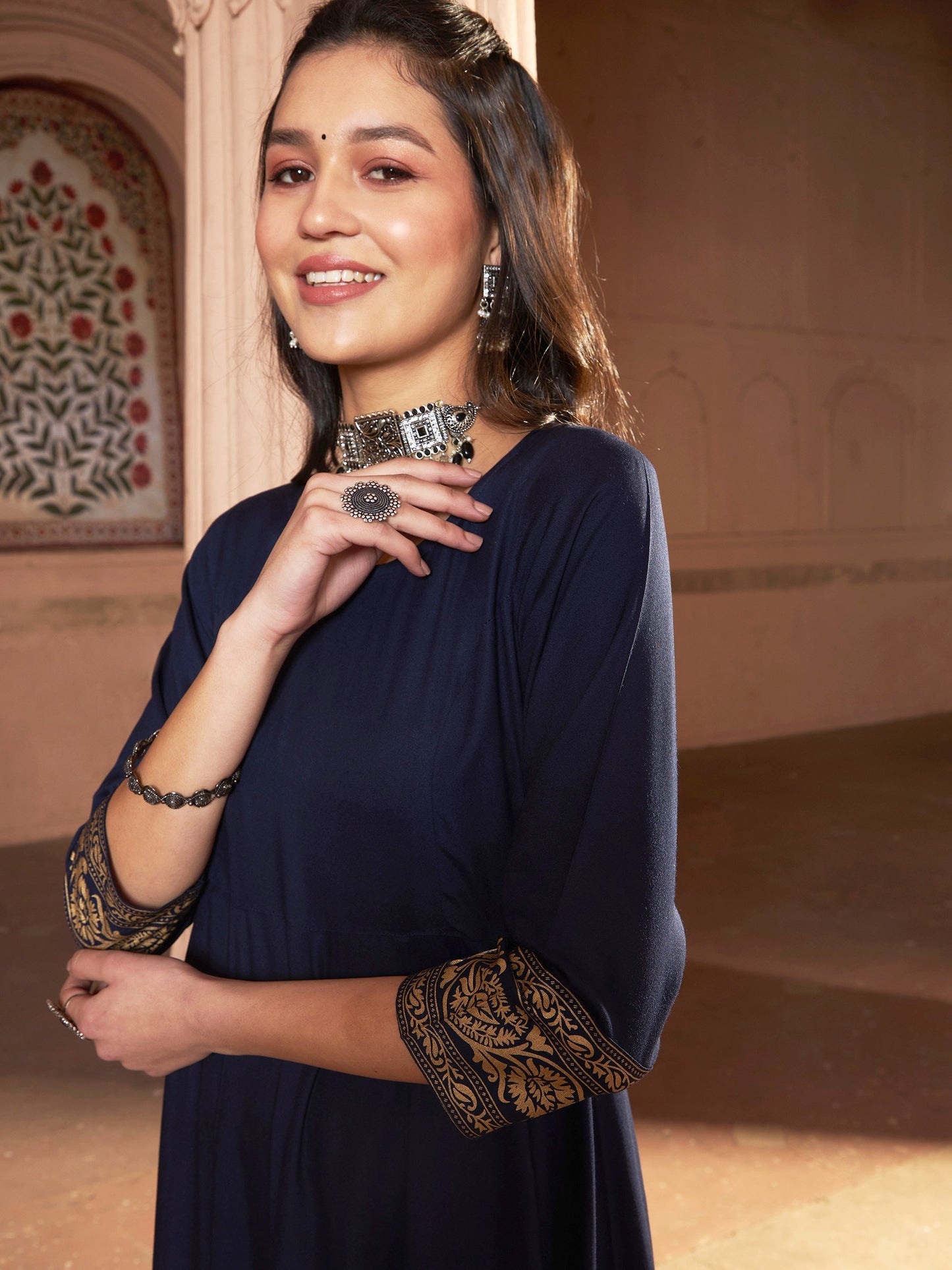 Women's Navy Floral Foil Border Anarkali Kurta With Pants
