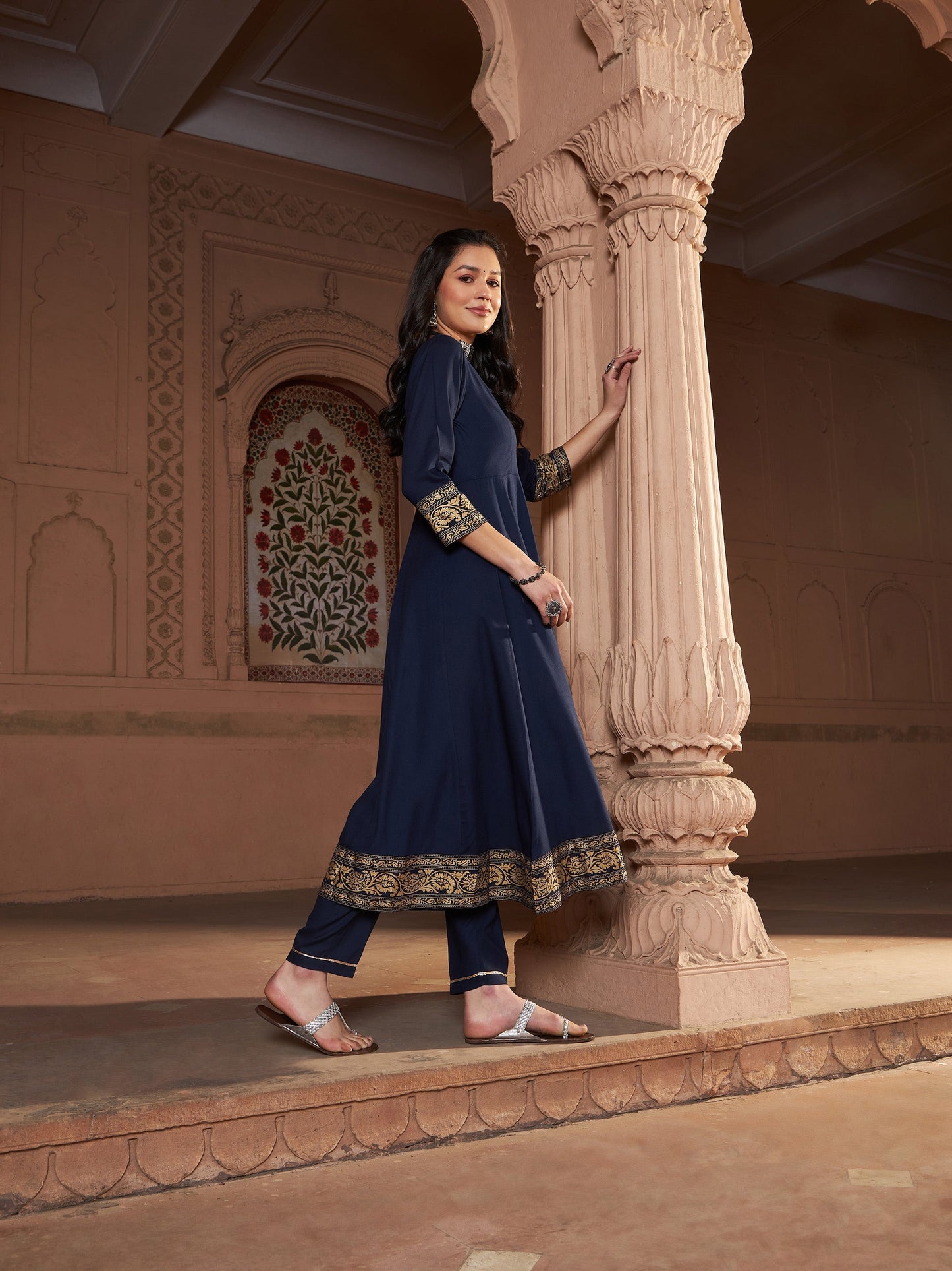 Women's Navy Floral Foil Border Anarkali Kurta With Pants