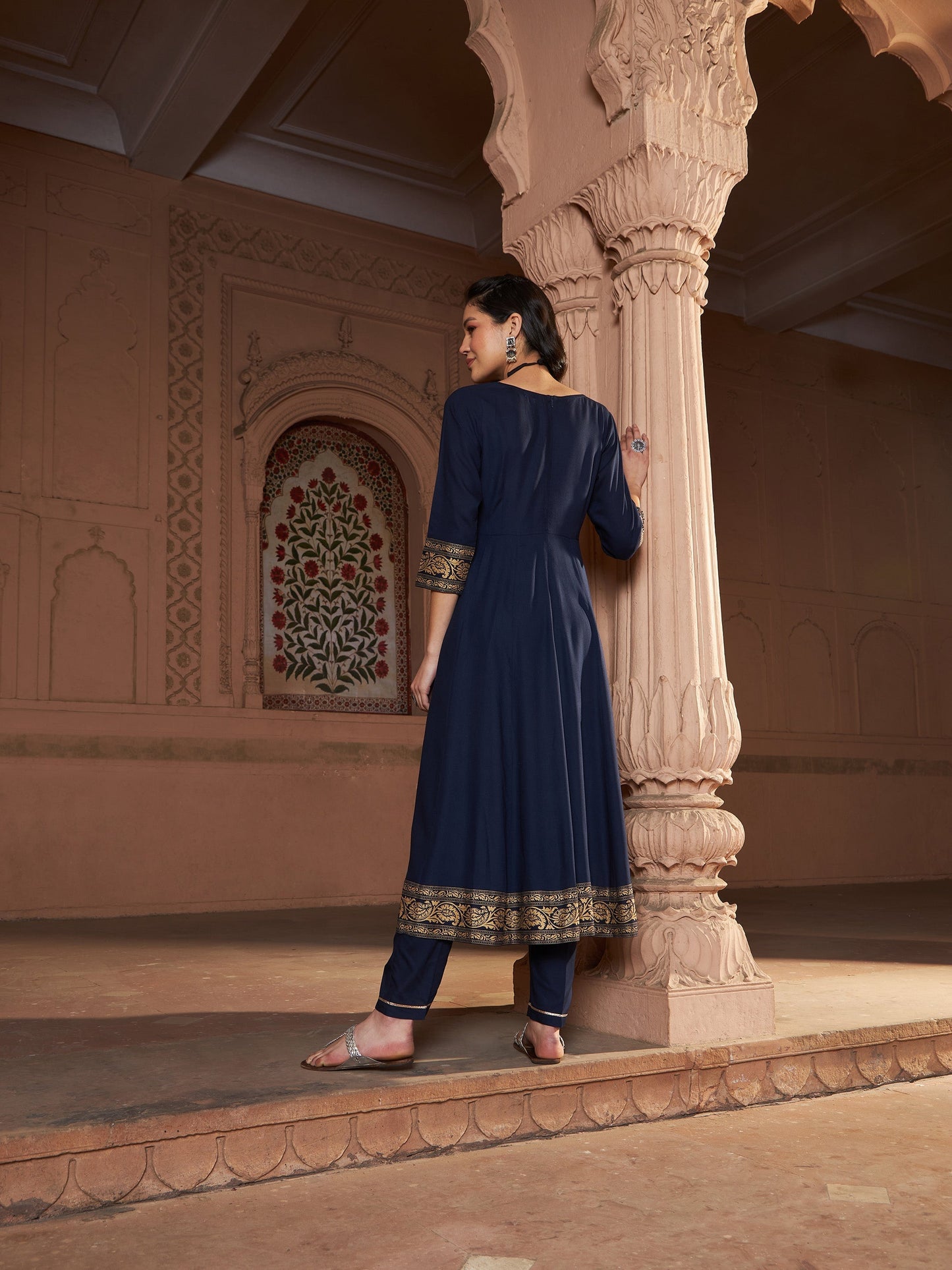 Women's Navy Floral Foil Border Anarkali Kurta With Pants