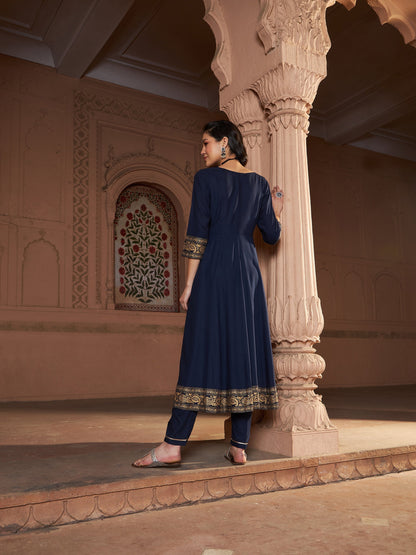 Women's Navy Floral Foil Border Anarkali Kurta With Pants