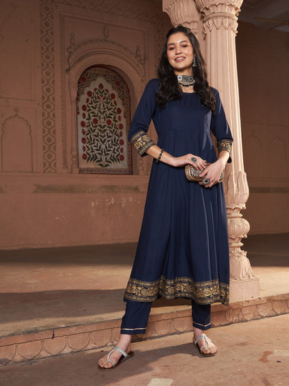 Women's Navy Floral Foil Border Anarkali Kurta With Pants