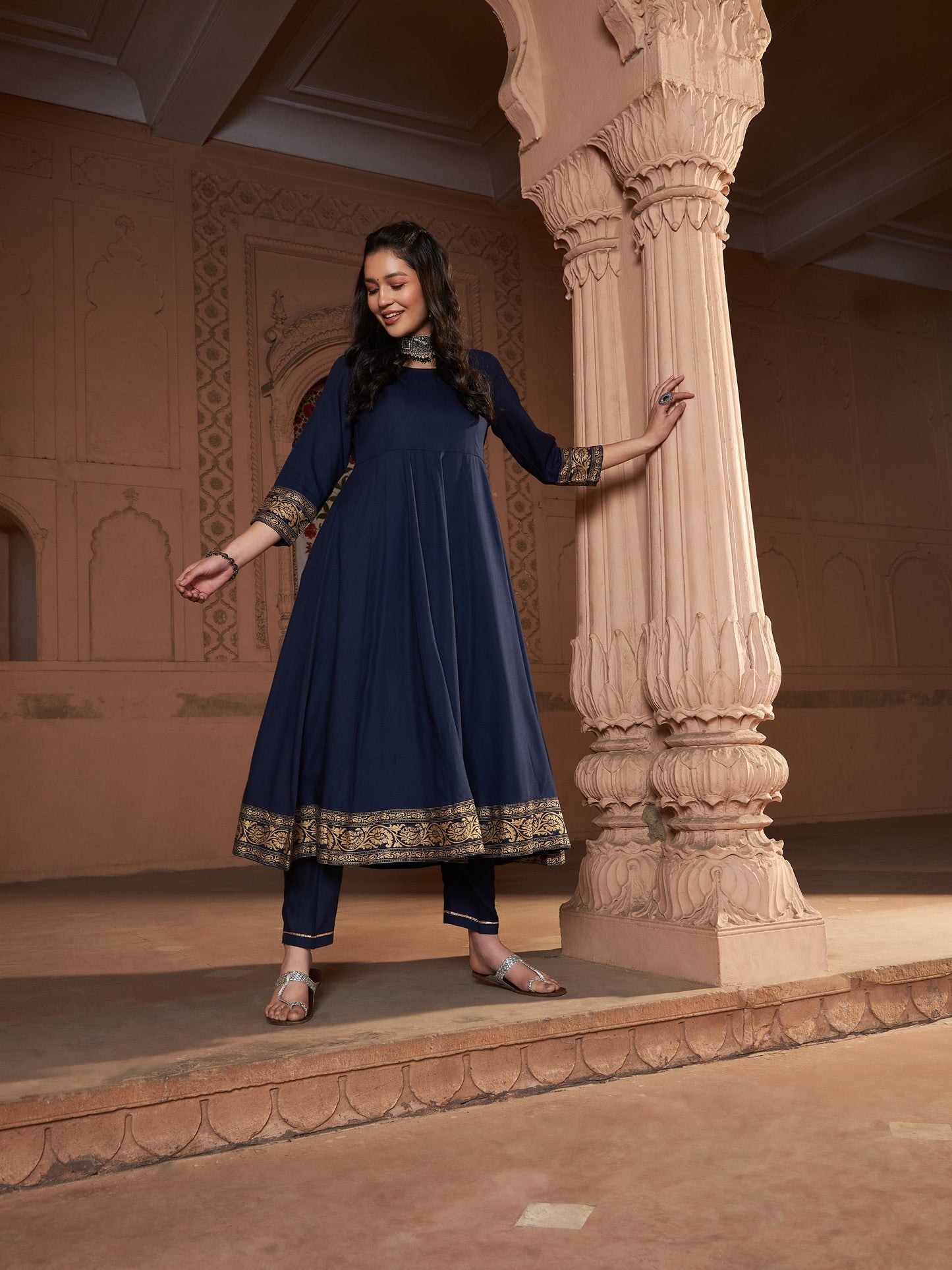 Women's Navy Floral Foil Border Anarkali Kurta With Pants