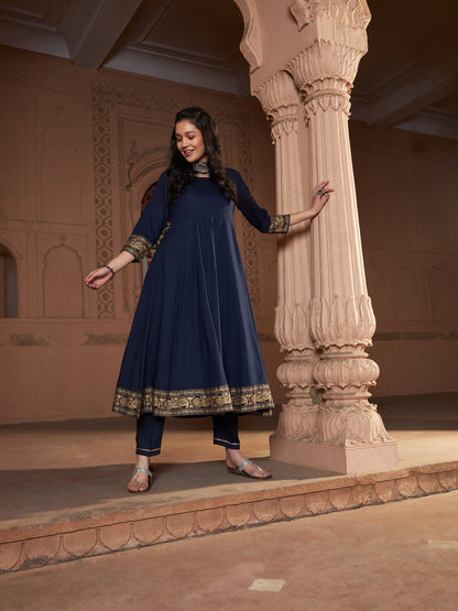 Women's Navy Floral Foil Border Anarkali Kurta With Pants
