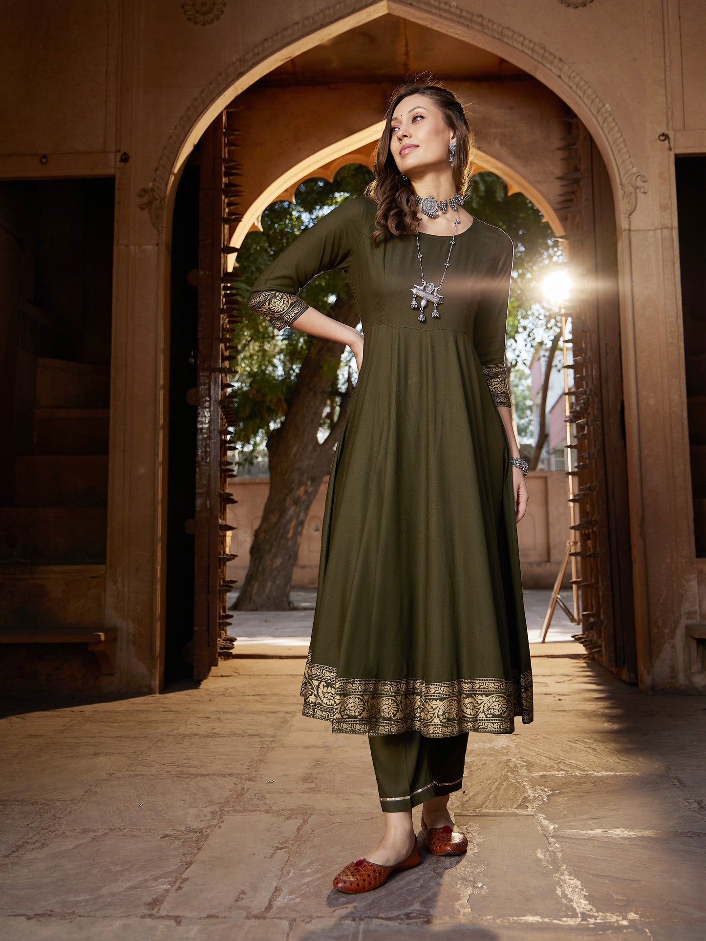 Women's Olive Floral Foil Border Anarkali Kurta With Pants