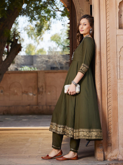 Women's Olive Floral Foil Border Anarkali Kurta With Pants