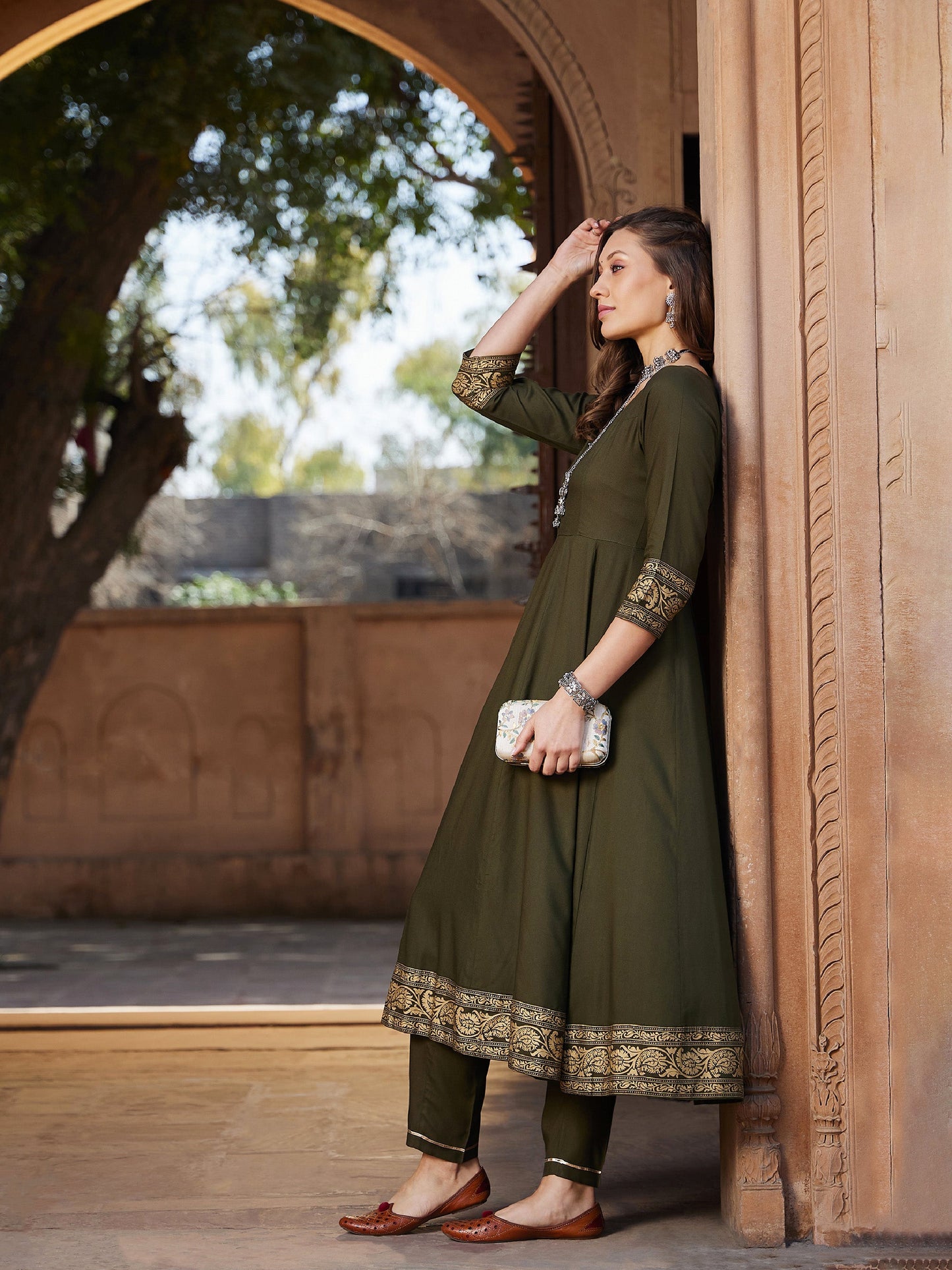 Women's Olive Floral Foil Border Anarkali Kurta With Pants