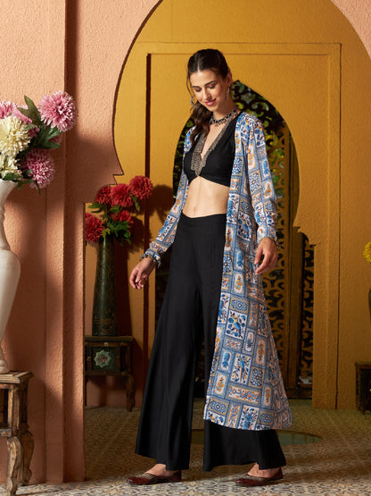 Women's Black Crop Top With Palazzo And Floral Shrug