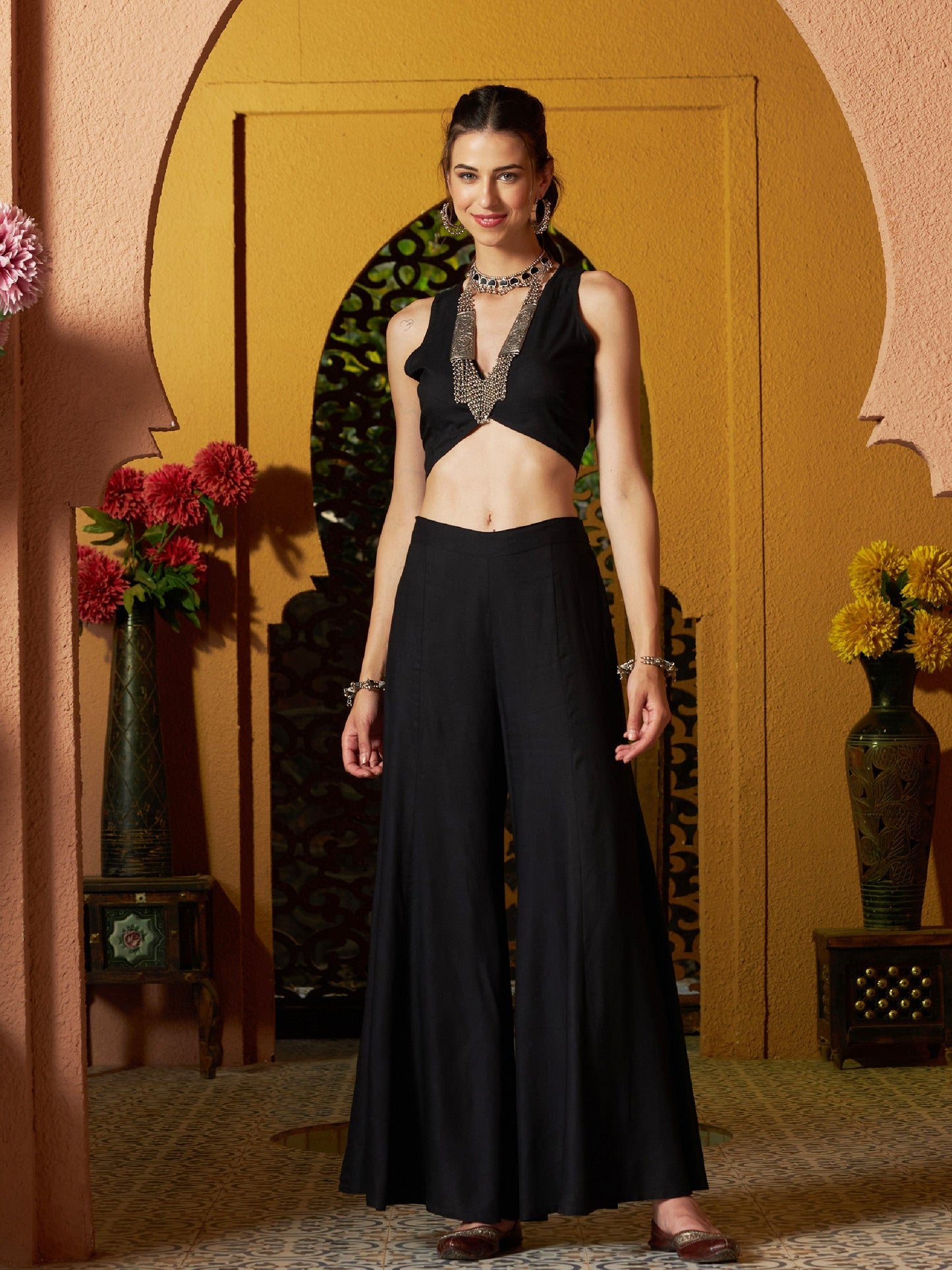 Women's Black Crop Top With Palazzo And Floral Shrug