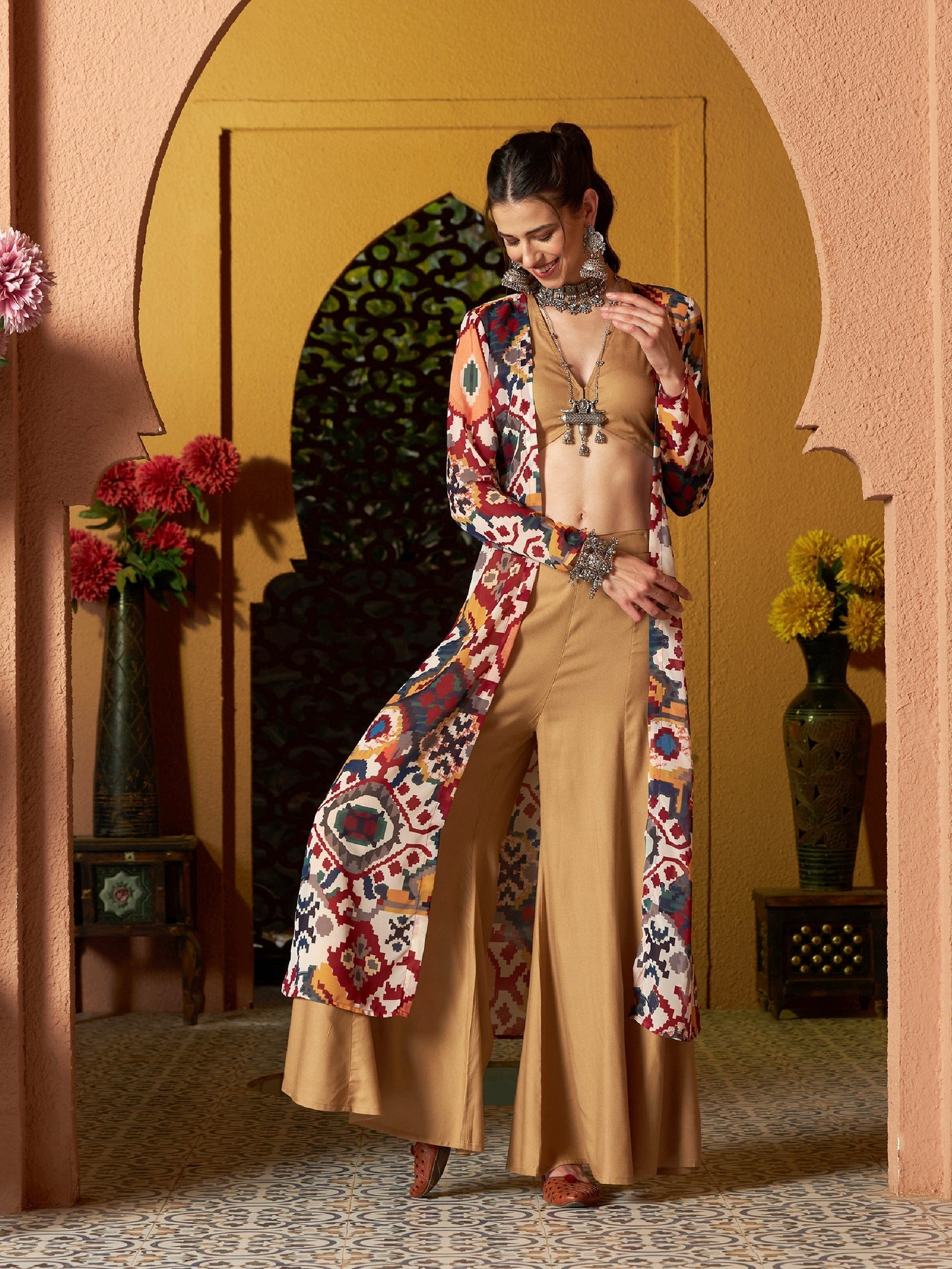 Women's Brown Crop Top With Palazzo And Ikat Print Shrug
