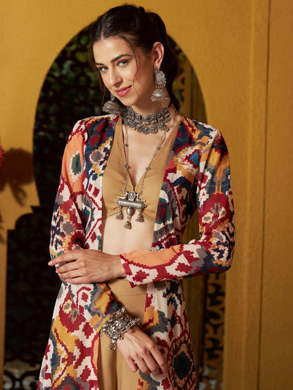 Women's Brown Crop Top With Palazzo And Ikat Print Shrug
