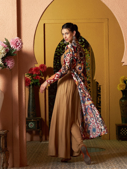 Women's Brown Crop Top With Palazzo And Ikat Print Shrug