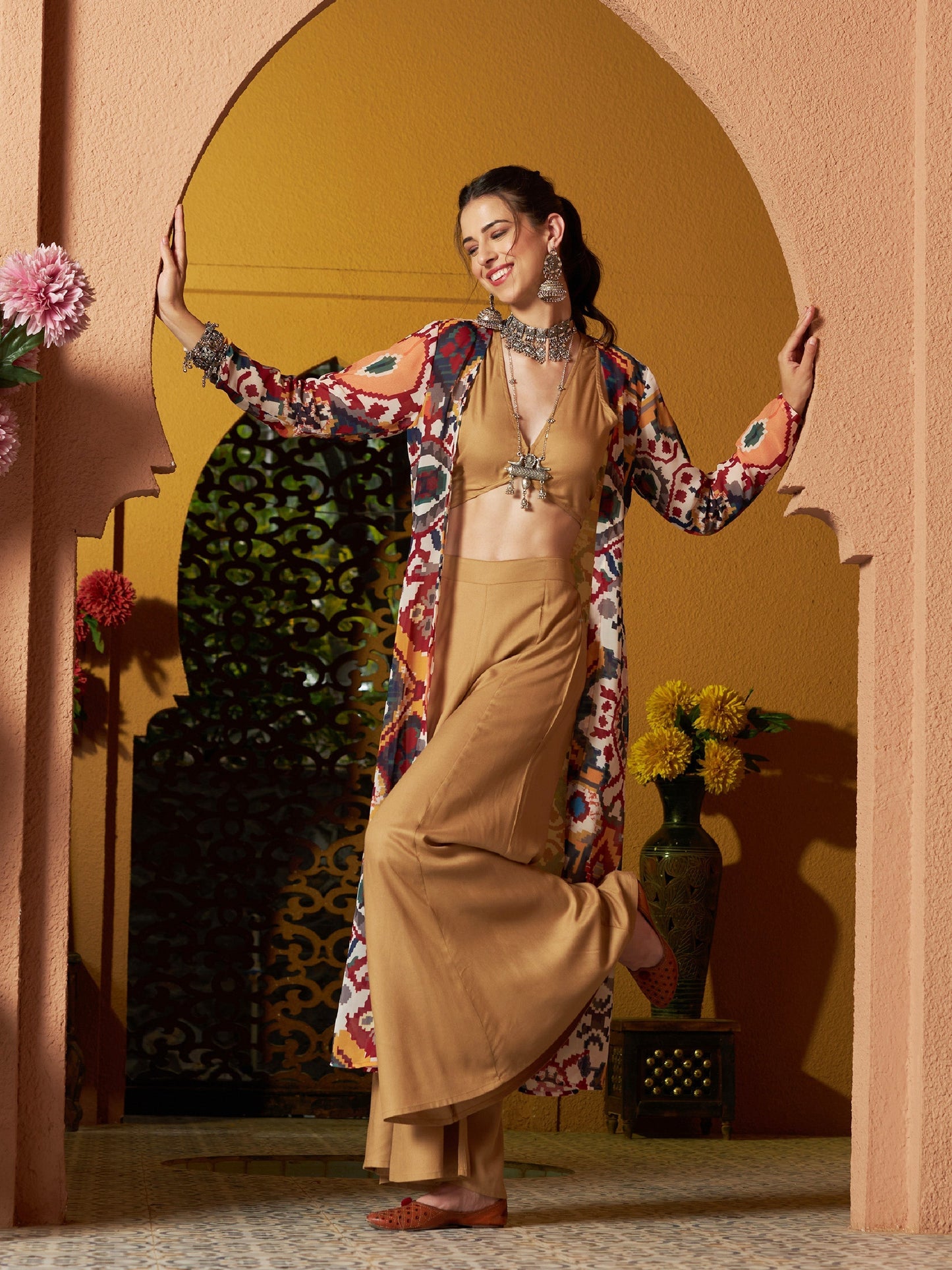Women's Brown Crop Top With Palazzo And Ikat Print Shrug
