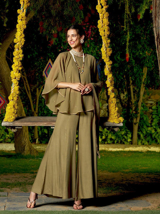 Women's Olive Crop Top With Palazzo And Emb Asymmetric Shrug