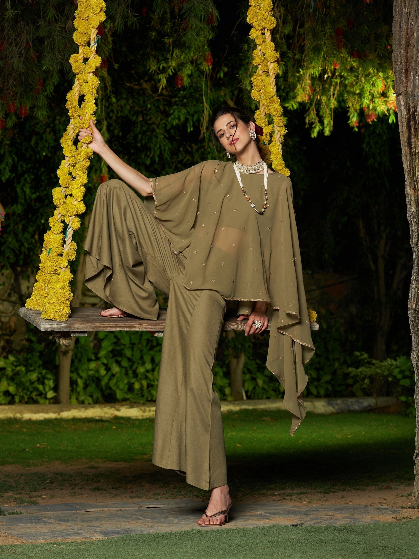 Women's Olive Crop Top With Palazzo And Emb Asymmetric Shrug