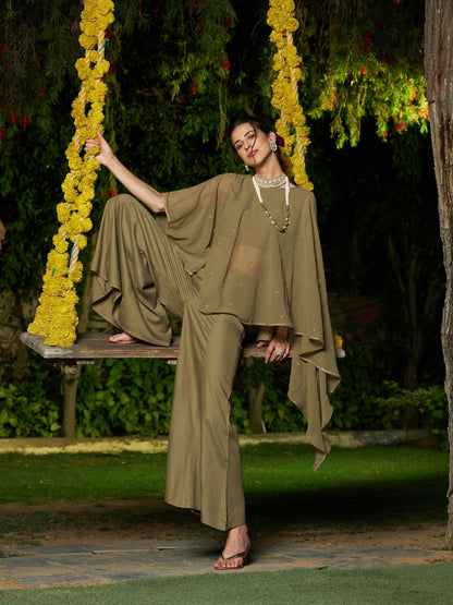 Women's Olive Crop Top With Palazzo And Emb Asymmetric Shrug