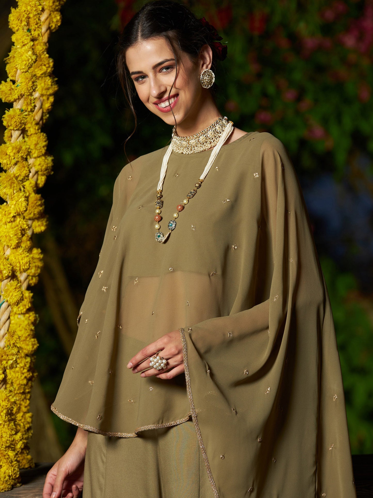 Women's Olive Crop Top With Palazzo And Emb Asymmetric Shrug