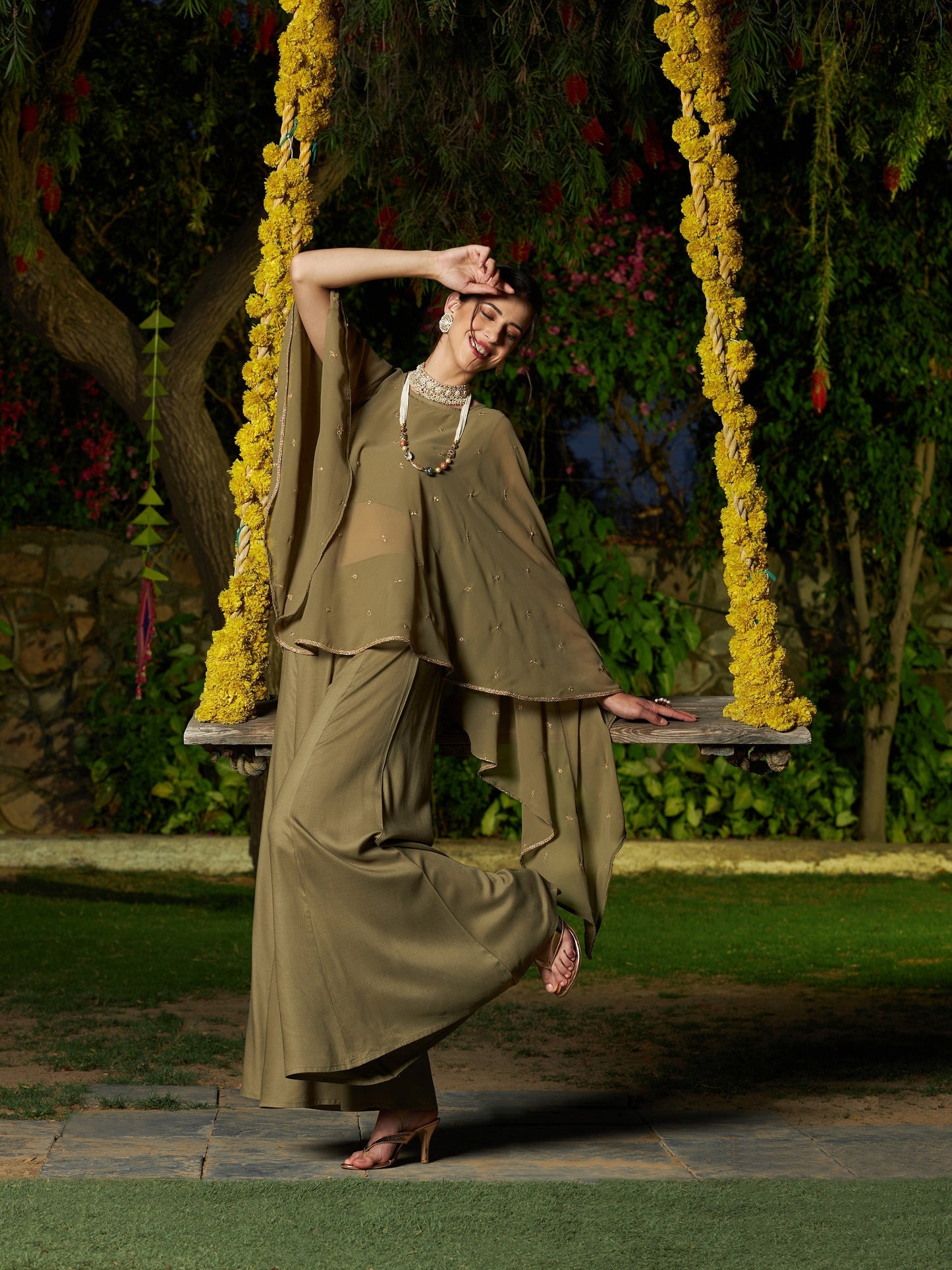 Women's Olive Crop Top With Palazzo And Emb Asymmetric Shrug