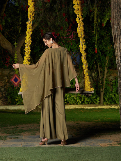 Women's Olive Crop Top With Palazzo And Emb Asymmetric Shrug