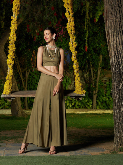 Women's Olive Crop Top With Palazzo And Emb Asymmetric Shrug