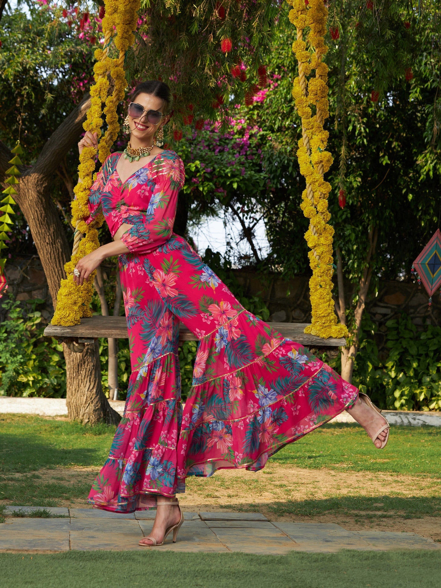 Women's Pink Floral Puff Sleeves Crop Top With Tiered Sharara