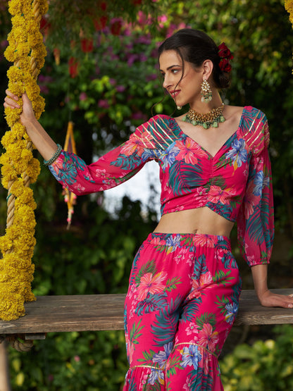 Women's Pink Floral Puff Sleeves Crop Top With Tiered Sharara