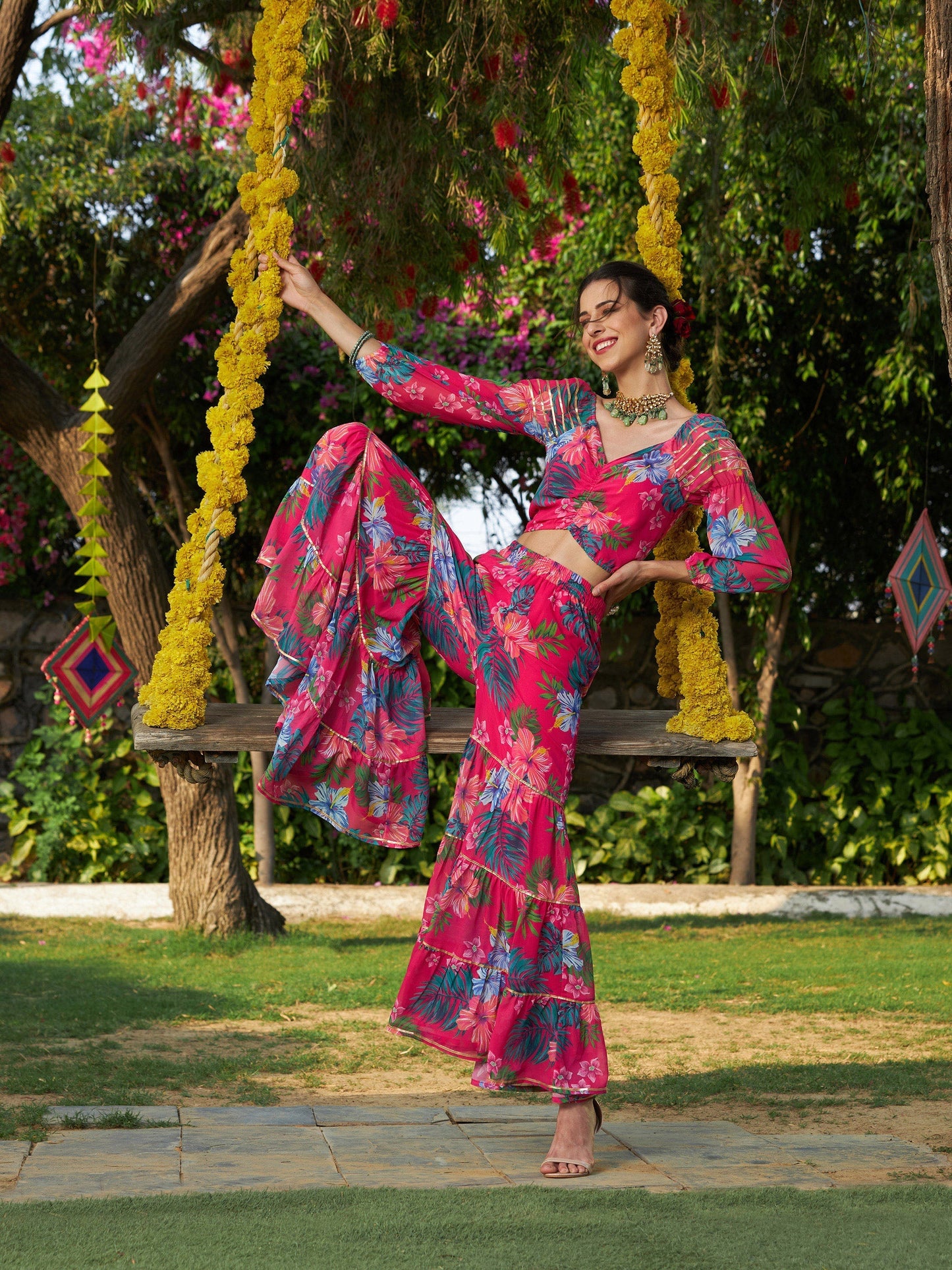 Women's Pink Floral Puff Sleeves Crop Top With Tiered Sharara