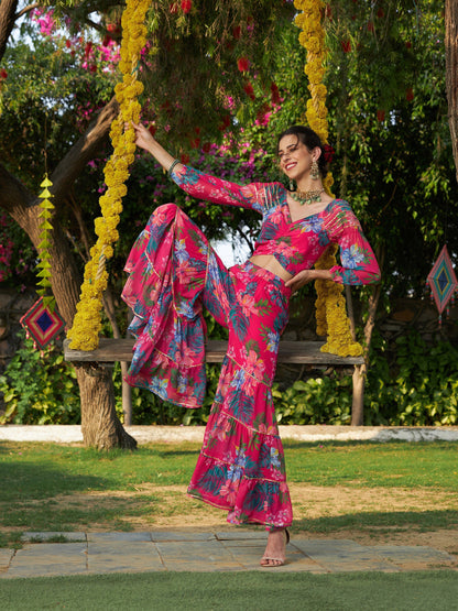 Women's Pink Floral Puff Sleeves Crop Top With Tiered Sharara