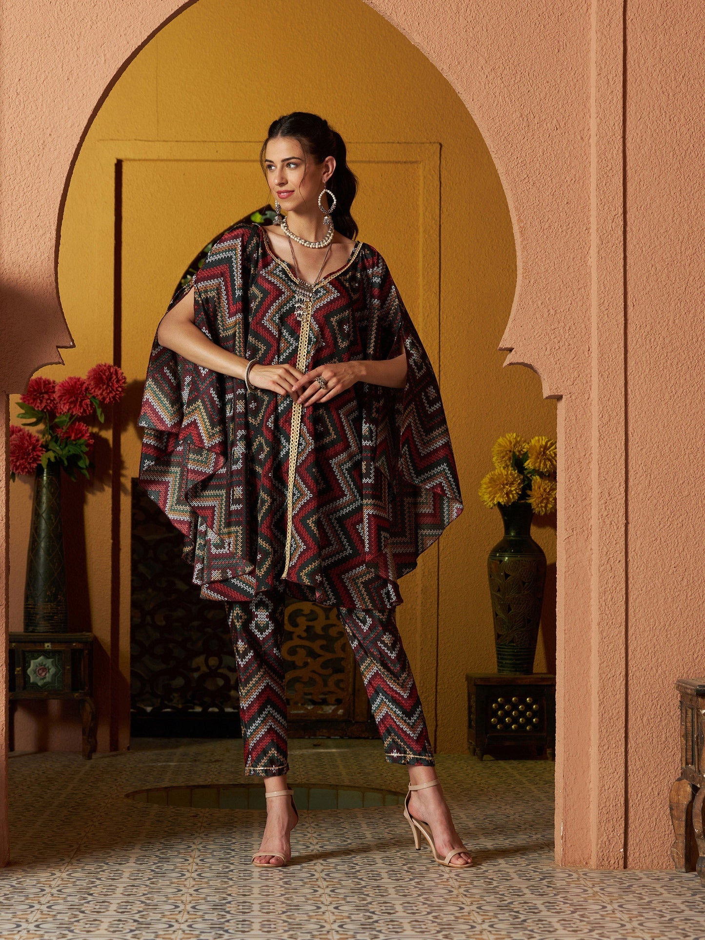 Women's Maroon Multi Chevron Kaftan Top With Pencil Pants