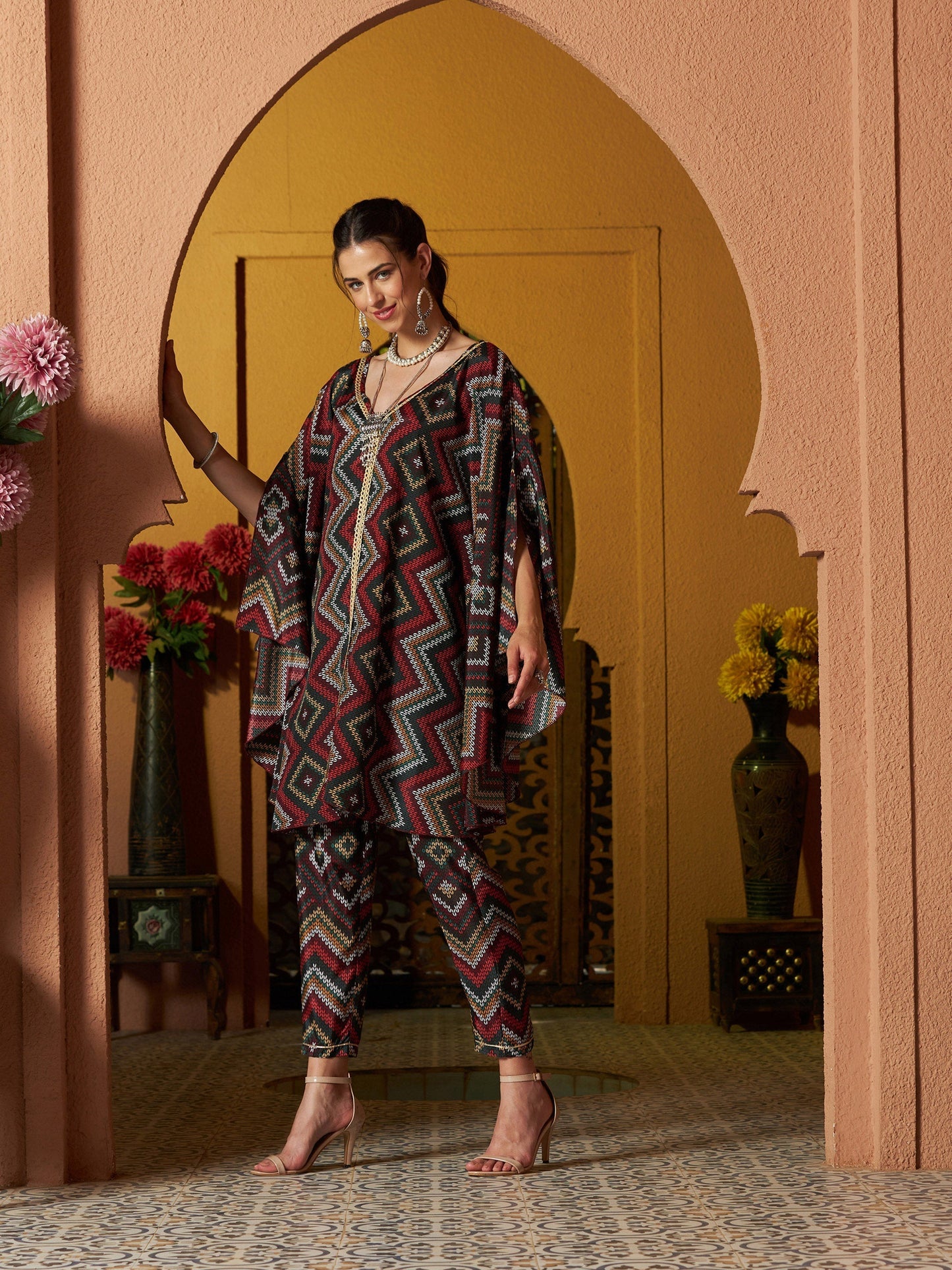 Women's Maroon Multi Chevron Kaftan Top With Pencil Pants