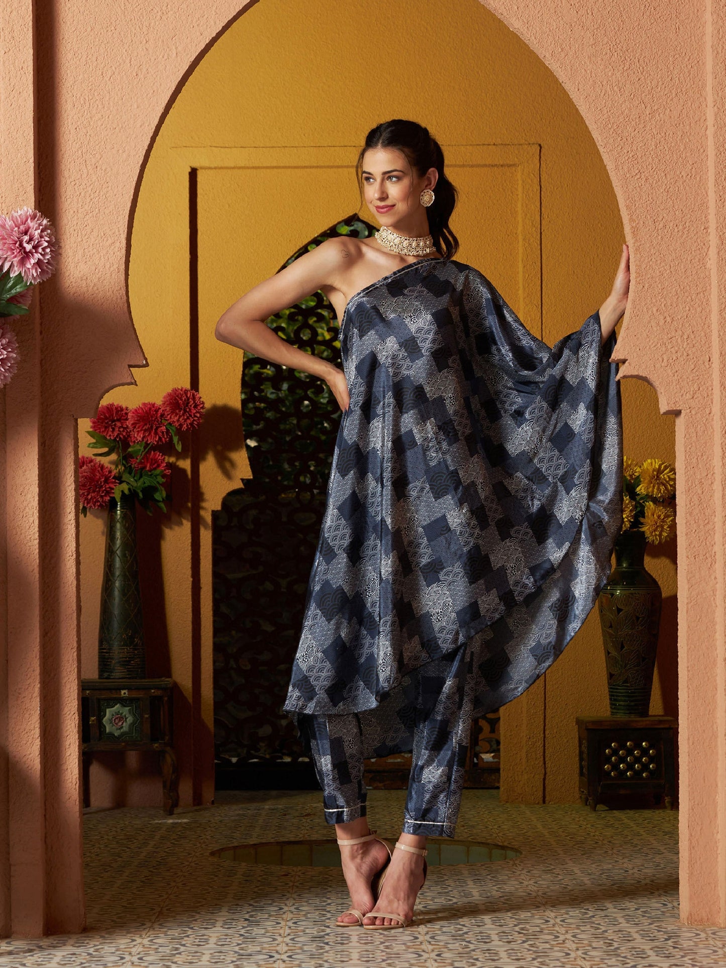 Women's Navy Geo Floral One Shoulder Kaftan With Pants