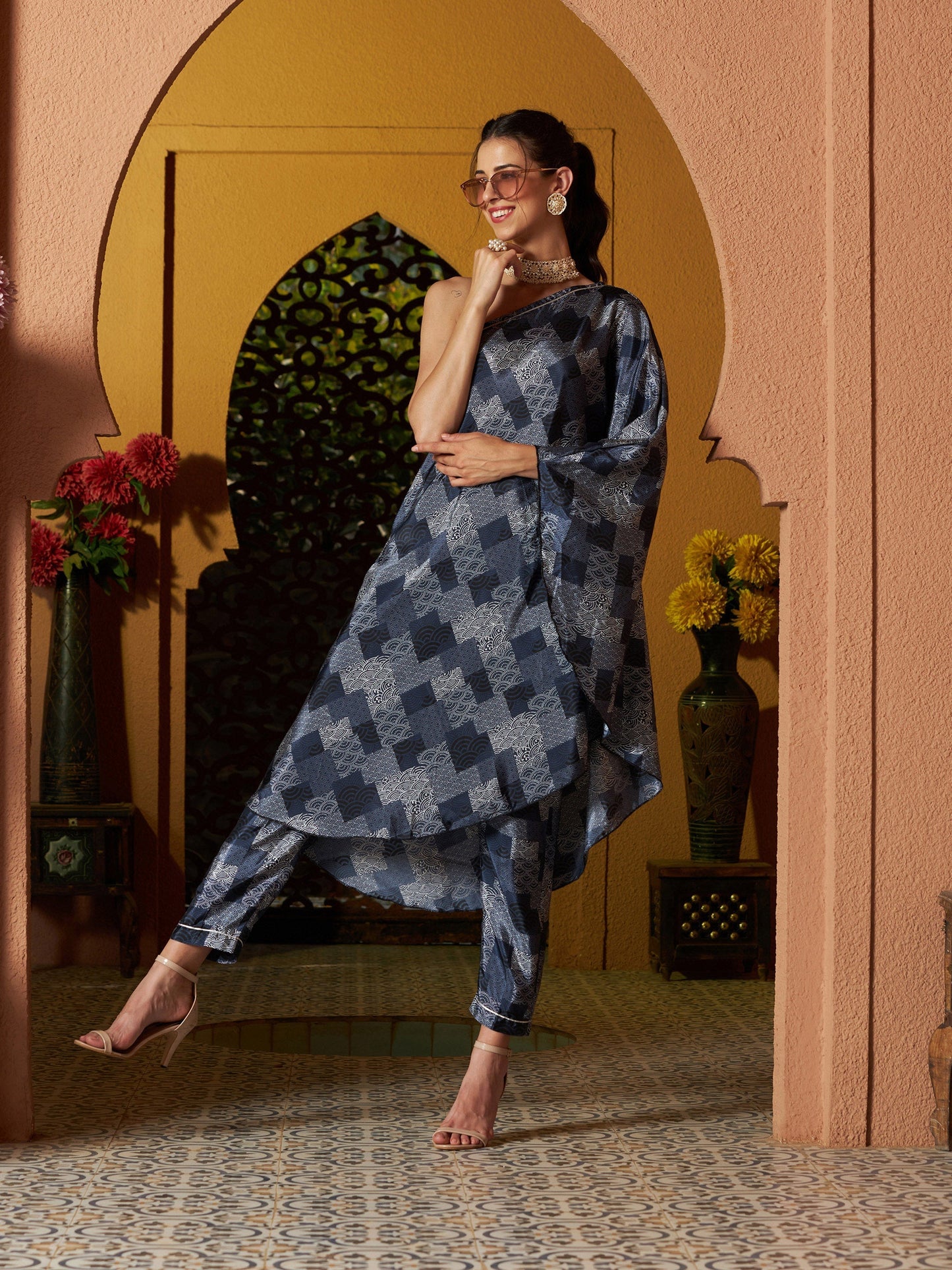 Women's Navy Geo Floral One Shoulder Kaftan With Pants
