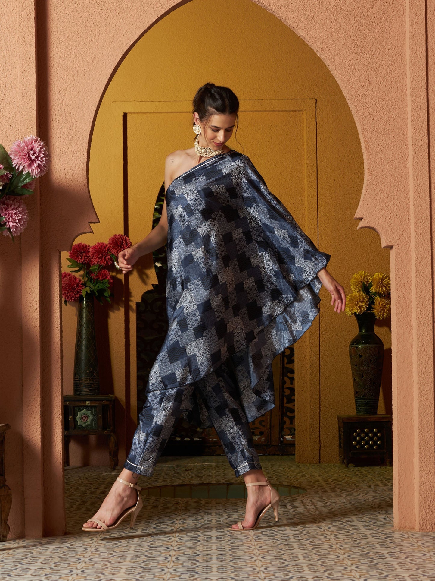 Women's Navy Geo Floral One Shoulder Kaftan With Pants