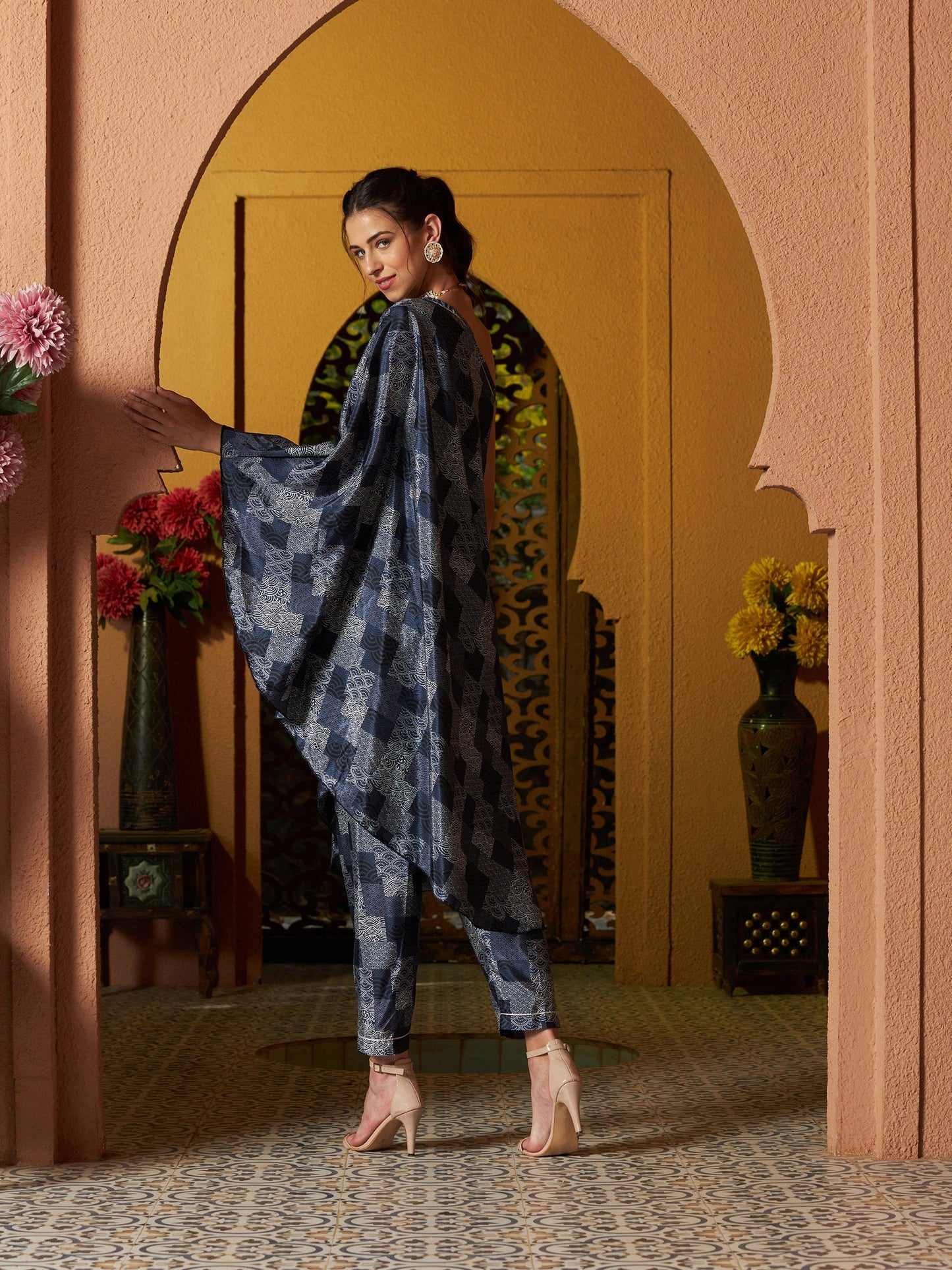 Women's Navy Geo Floral One Shoulder Kaftan With Pants