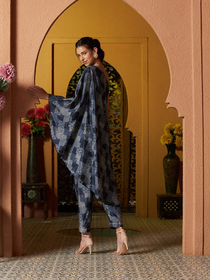 Women's Navy Geo Floral One Shoulder Kaftan With Pants