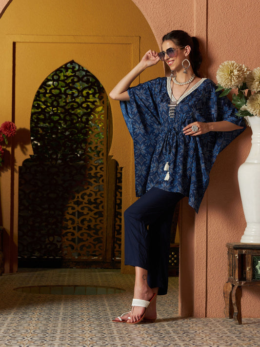 Women's Blue Floral Short Kaftan With Pants