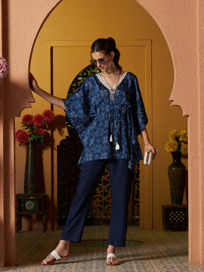 Women's Blue Floral Short Kaftan With Pants