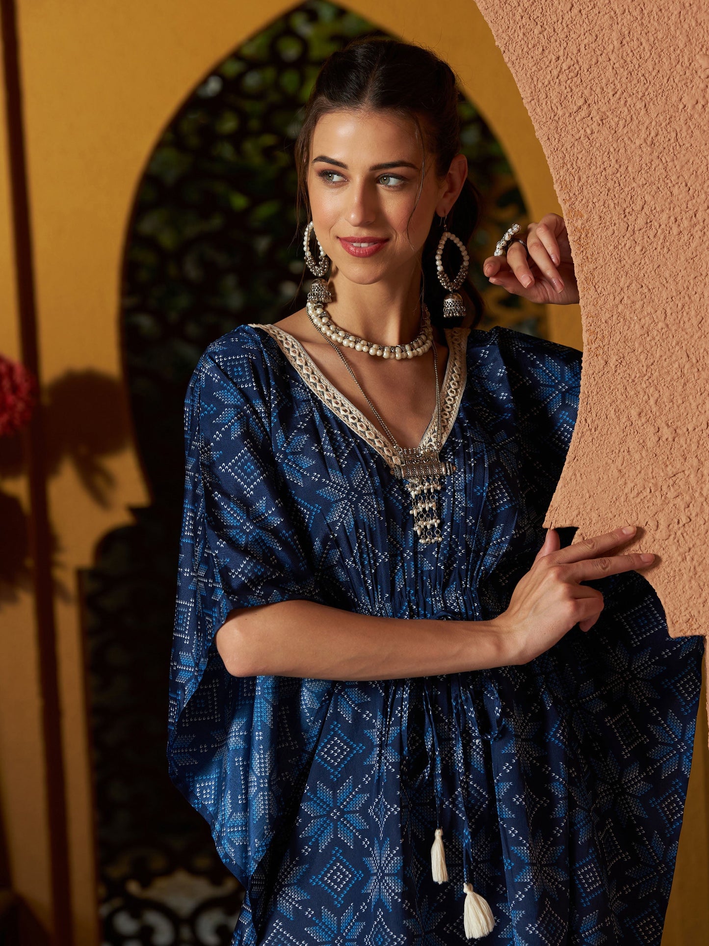 Women's Blue Floral Short Kaftan With Pants