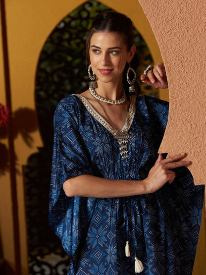 Women's Blue Floral Short Kaftan With Pants