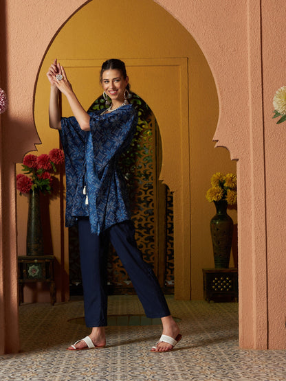 Women's Blue Floral Short Kaftan With Pants
