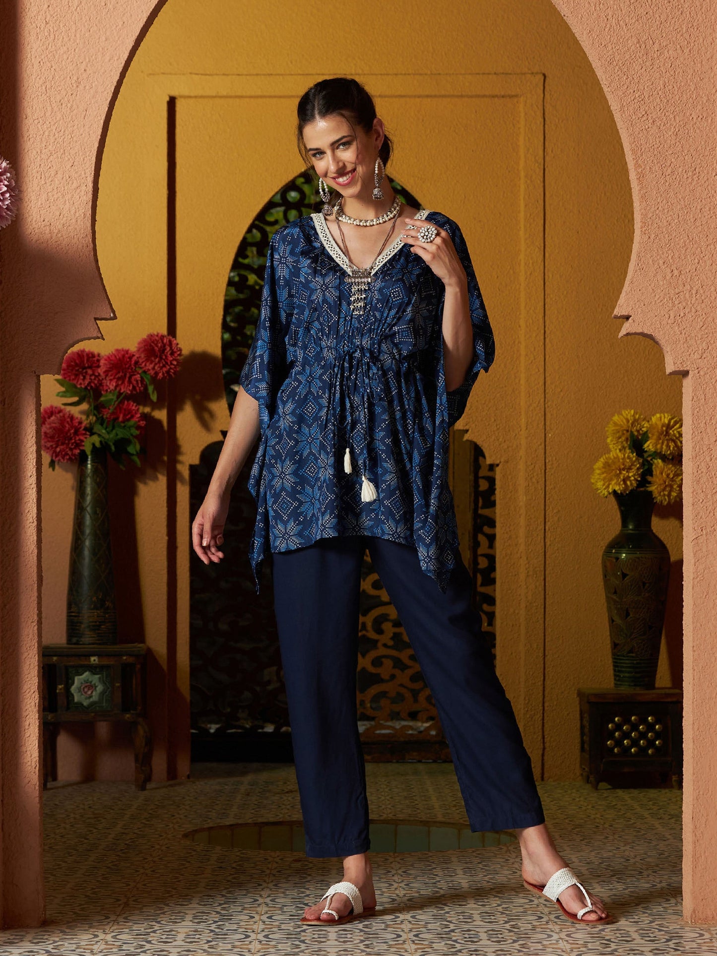 Women's Blue Floral Short Kaftan With Pants