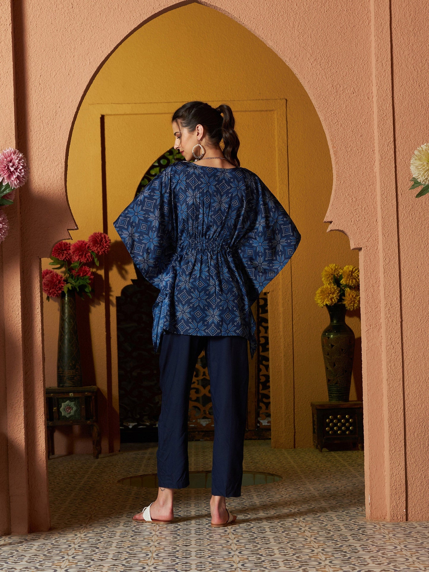 Women's Blue Floral Short Kaftan With Pants
