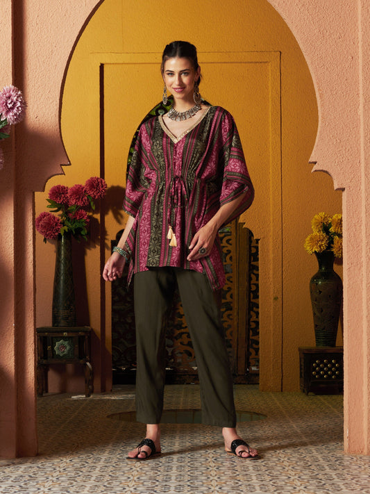 Women's Maroon Geometric Floral Short Kaftan With Pants