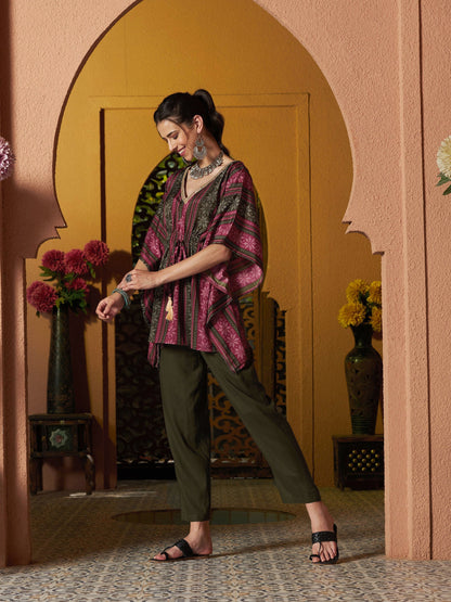 Women's Maroon Geometric Floral Short Kaftan With Pants