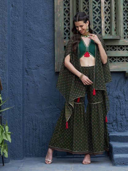Women's Green Floral Sharara with Cape and Solid Crop Top
